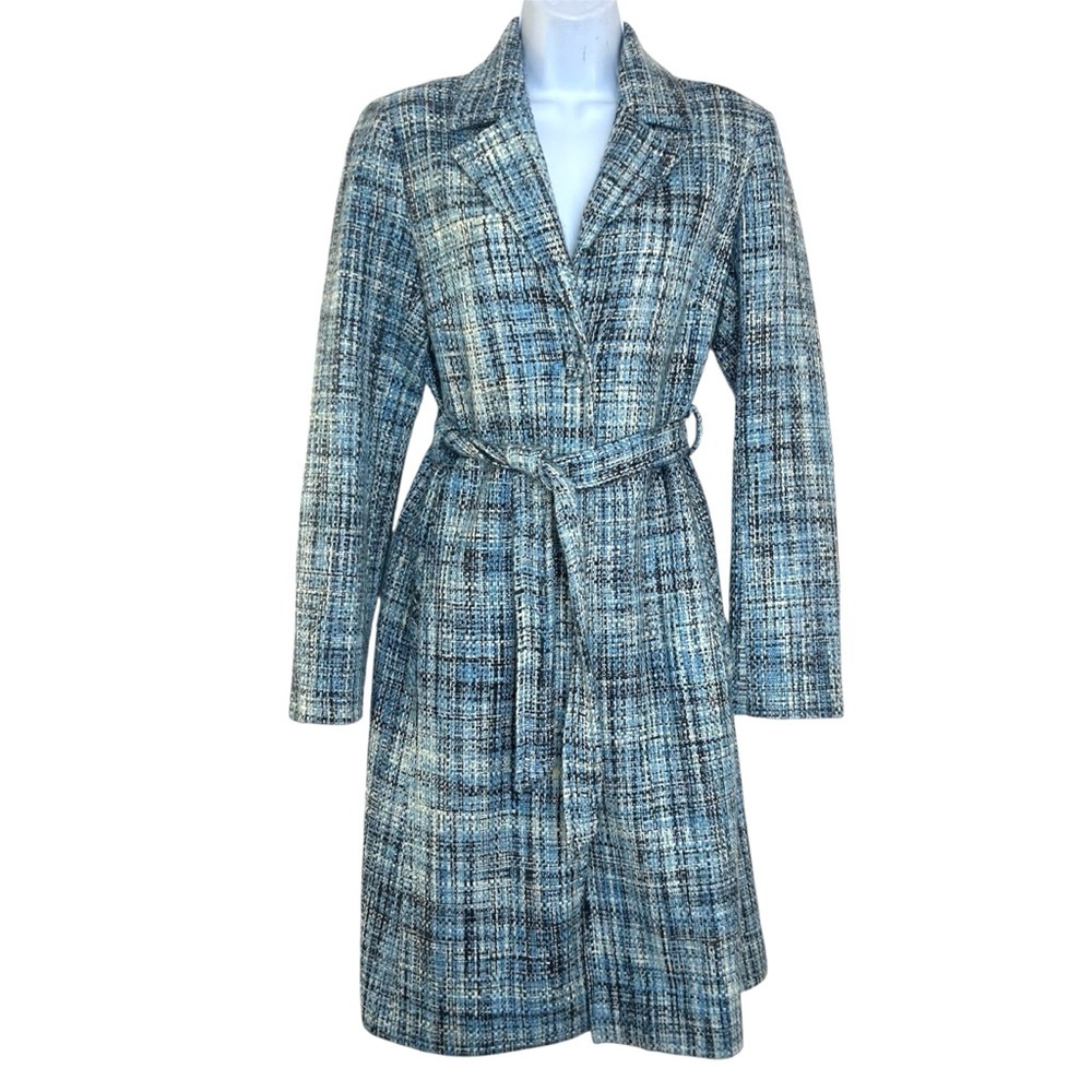 Laundry Shelli Segal 90s Blue Tweed Plaid Belted Trench Coat 10 Lorelai Gilmore
